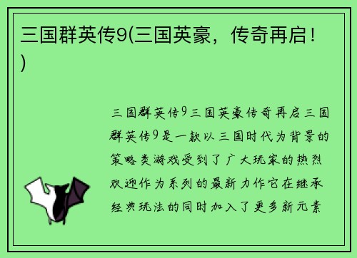 三国群英传9(三国英豪，传奇再启！)