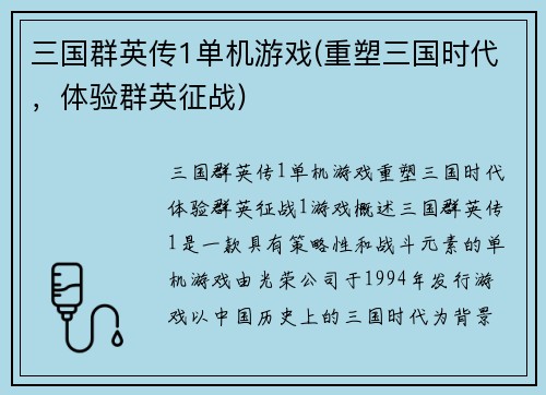 三国群英传1单机游戏(重塑三国时代，体验群英征战)