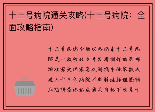 十三号病院通关攻略(十三号病院：全面攻略指南)